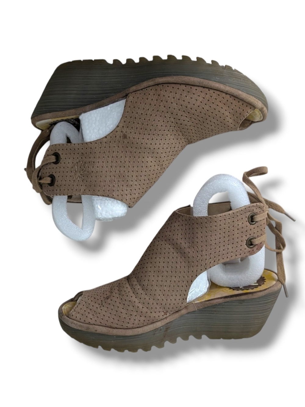 Fly London Ypul in Cupido Taupe Tan Wedge Sandals Peep Toe EURO Sz 37